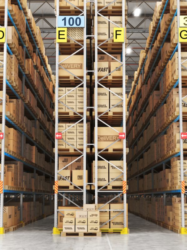 Modern warehouse full of cardboard boxes. 3d illustration