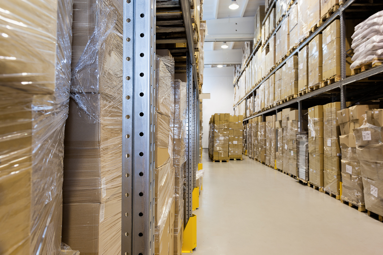 Closeup of a metal racks in a warehouse